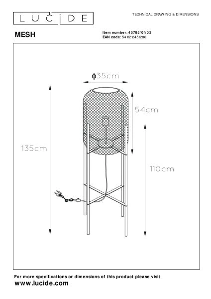 Lucide MESH - Lampadaire - Ø 35 cm - 1xE27 - Or Mat / Laiton - technique
